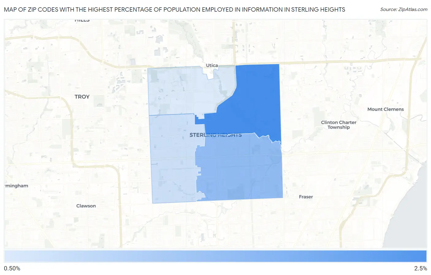 Zip Codes with the Highest Percentage of Population Employed in Information in Sterling Heights Map