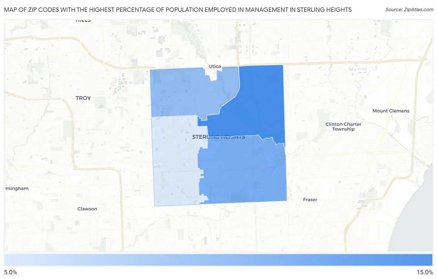 Zip Codes with the Highest Percentage of Population Employed in Management in Sterling Heights Map