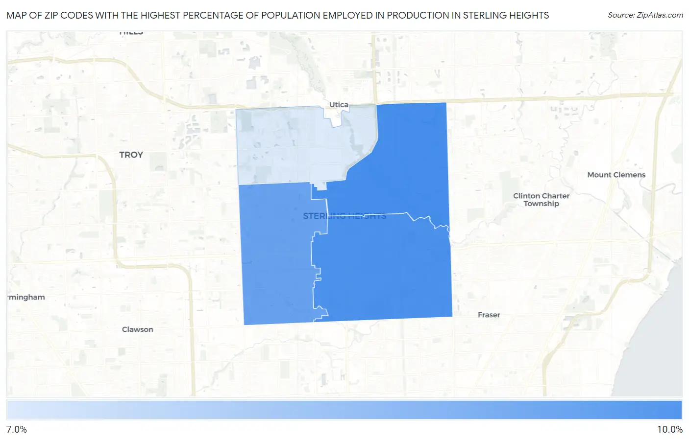 Zip Codes with the Highest Percentage of Population Employed in Production in Sterling Heights Map