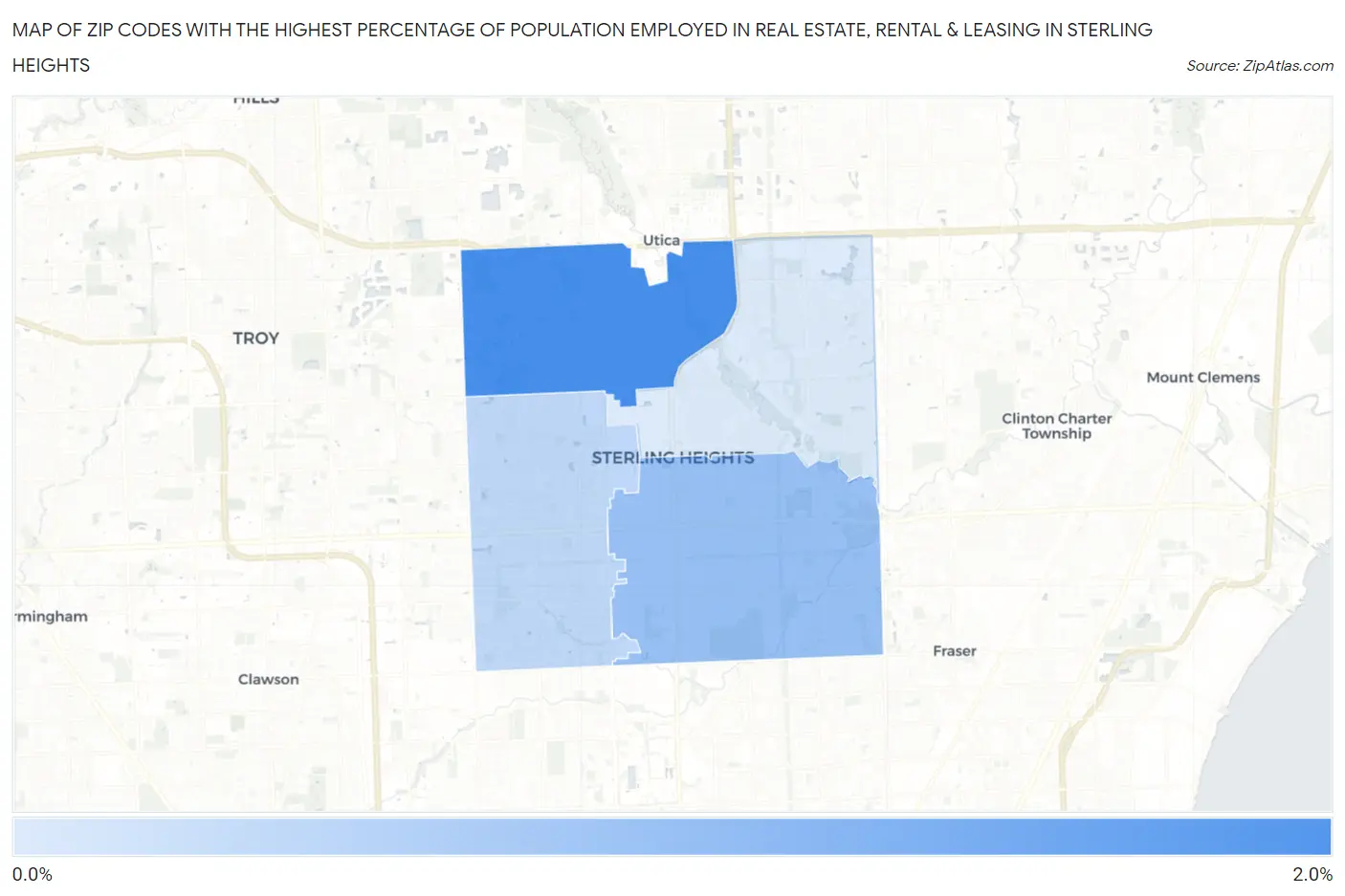 Zip Codes with the Highest Percentage of Population Employed in Real Estate, Rental & Leasing in Sterling Heights Map