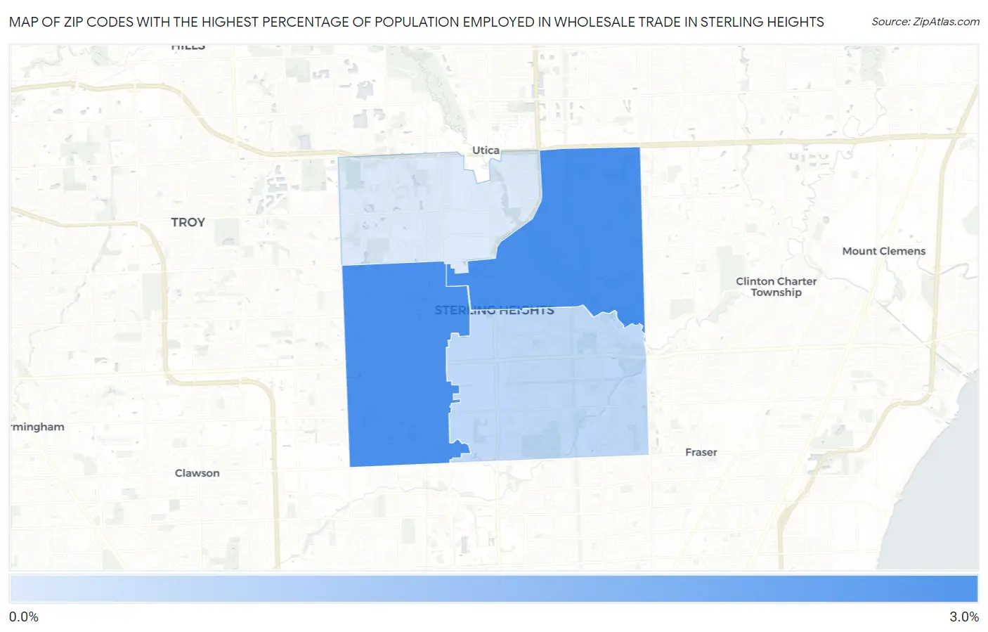 Zip Codes with the Highest Percentage of Population Employed in Wholesale Trade in Sterling Heights Map