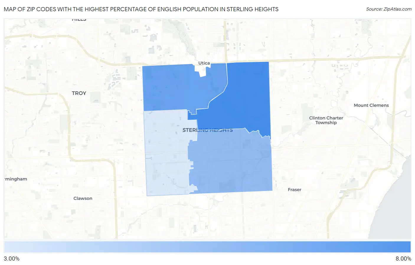 Zip Codes with the Highest Percentage of English Population in Sterling Heights Map
