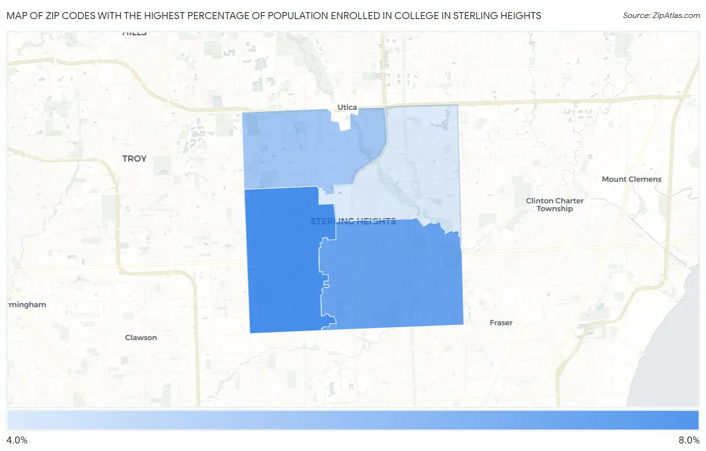 Zip Codes with the Highest Percentage of Population Enrolled in College in Sterling Heights Map