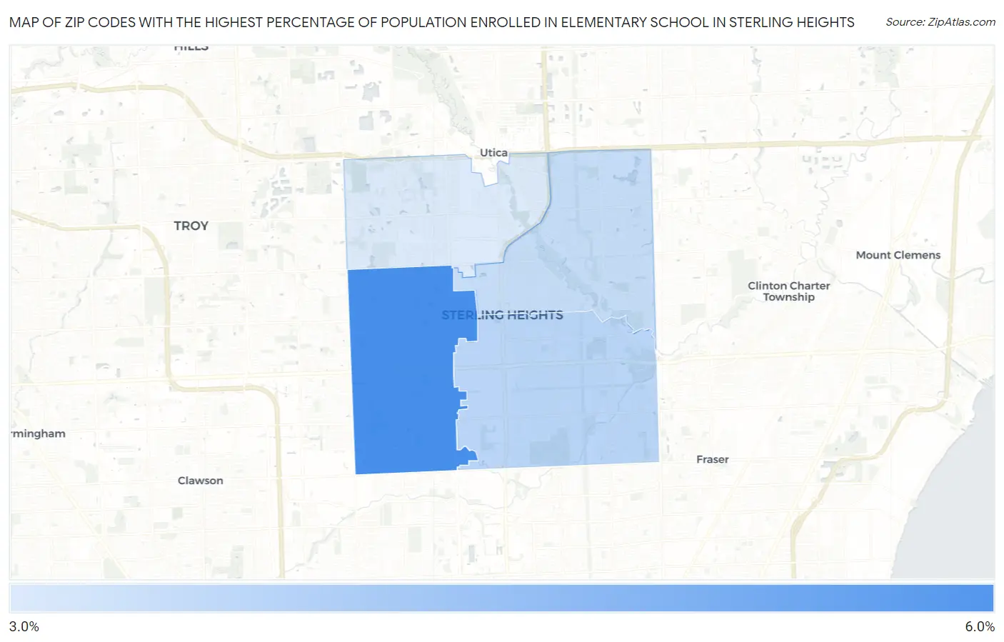 Zip Codes with the Highest Percentage of Population Enrolled in Elementary School in Sterling Heights Map