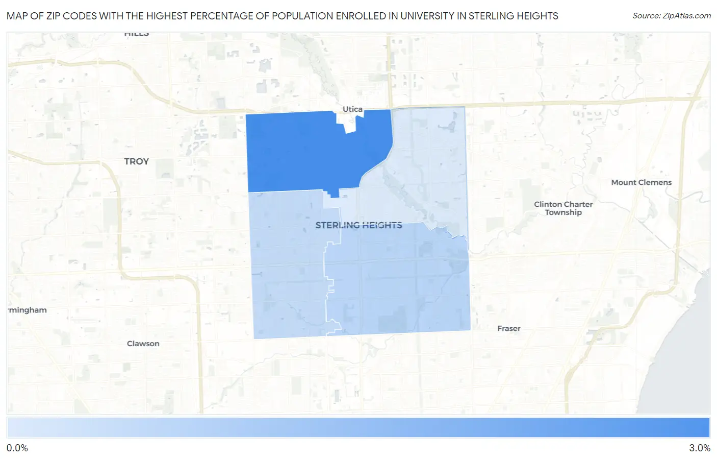 Zip Codes with the Highest Percentage of Population Enrolled in University in Sterling Heights Map