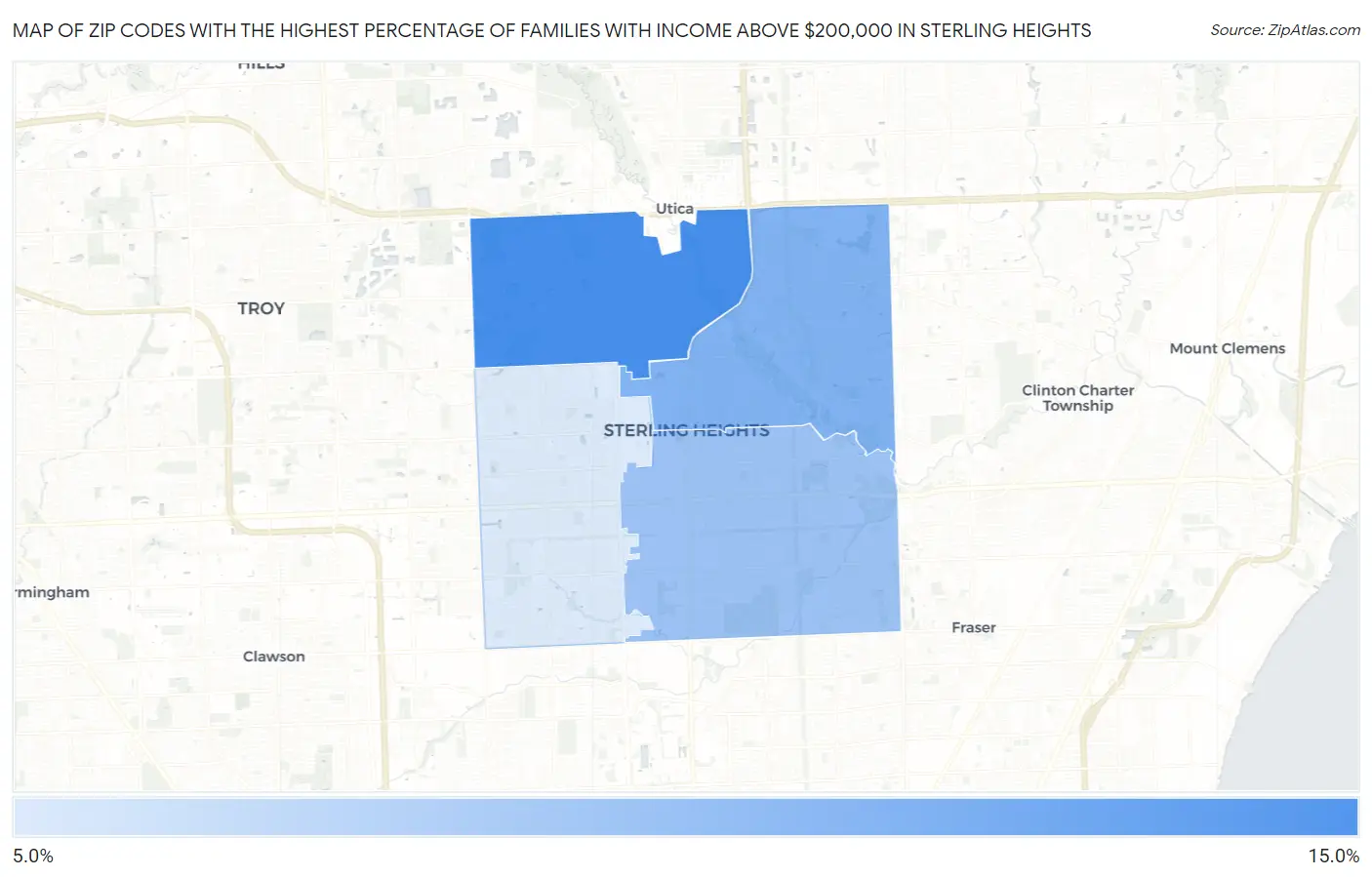 Zip Codes with the Highest Percentage of Families with Income Above $200,000 in Sterling Heights Map