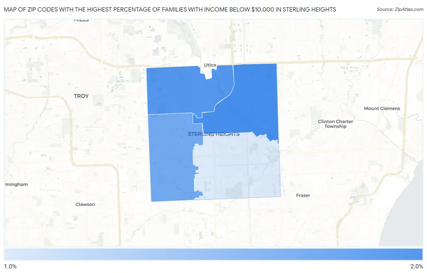 Zip Codes with the Highest Percentage of Families with Income Below $10,000 in Sterling Heights Map