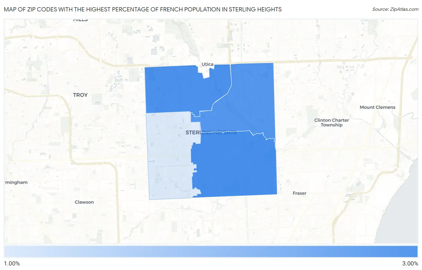 Zip Codes with the Highest Percentage of French Population in Sterling Heights Map