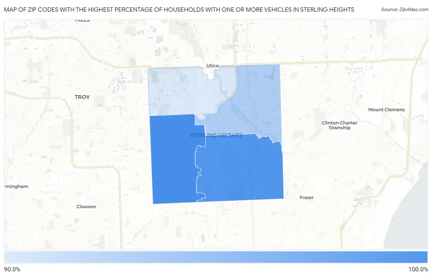 Zip Codes with the Highest Percentage of Households With One or more Vehicles in Sterling Heights Map