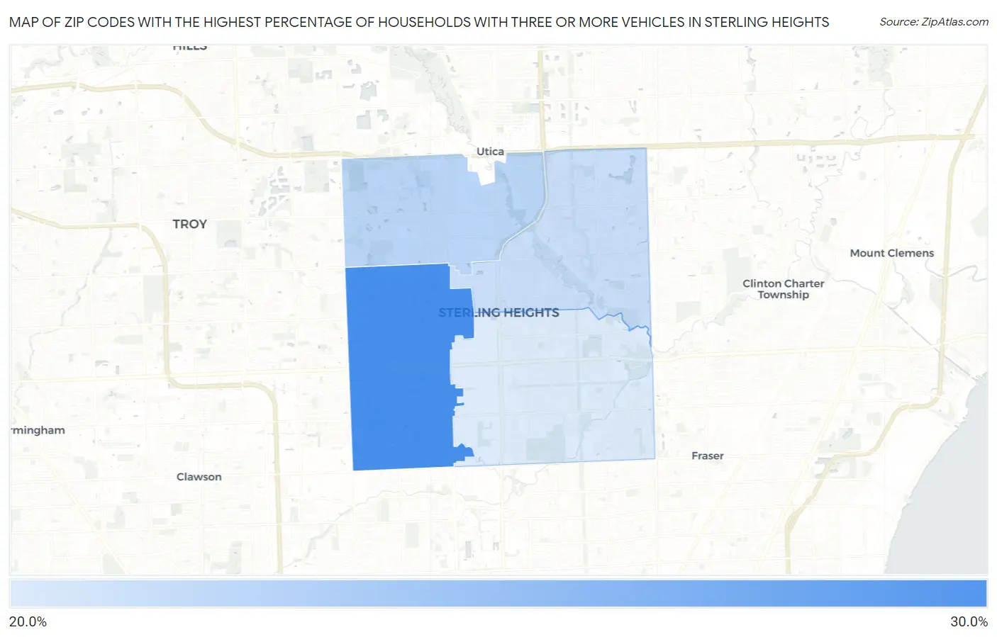 Zip Codes with the Highest Percentage of Households With Three or more Vehicles in Sterling Heights Map