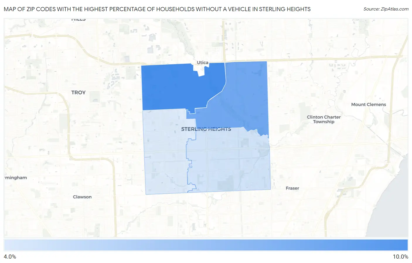 Zip Codes with the Highest Percentage of Households Without a Vehicle in Sterling Heights Map