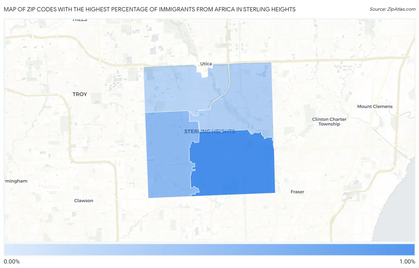 Zip Codes with the Highest Percentage of Immigrants from Africa in Sterling Heights Map