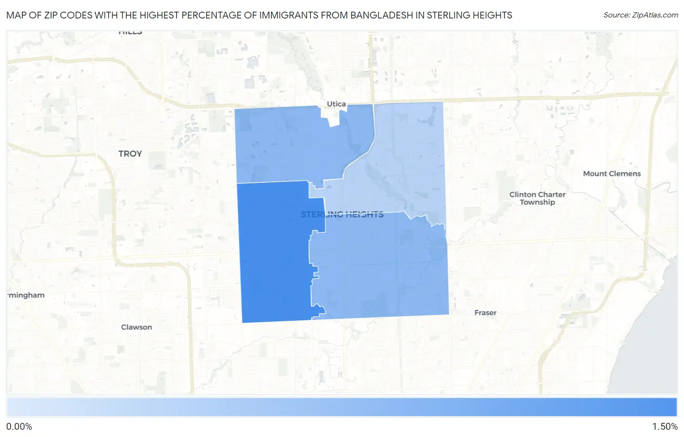 Zip Codes with the Highest Percentage of Immigrants from Bangladesh in Sterling Heights Map