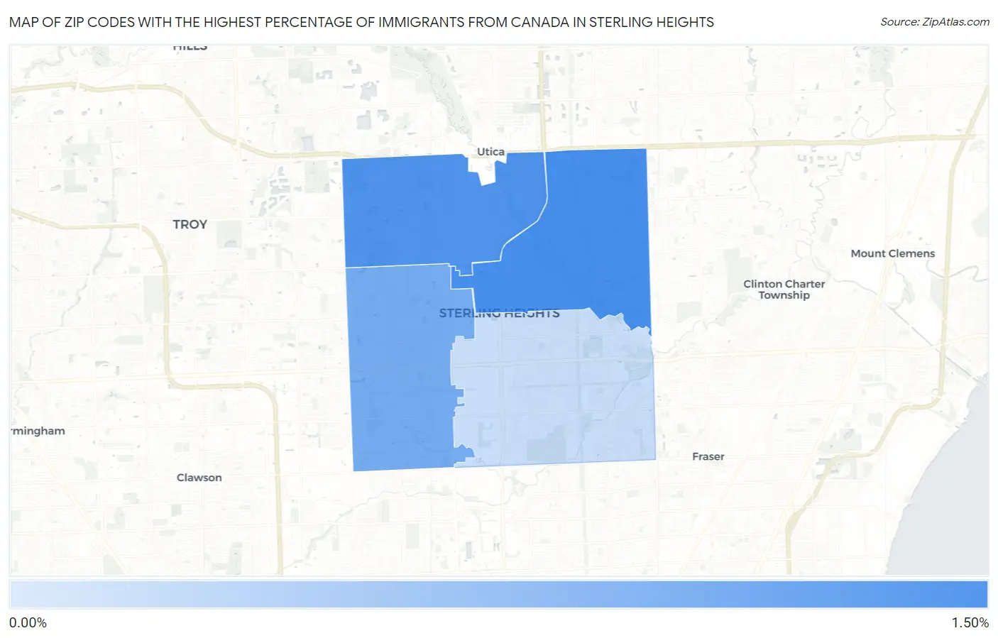 Zip Codes with the Highest Percentage of Immigrants from Canada in Sterling Heights Map