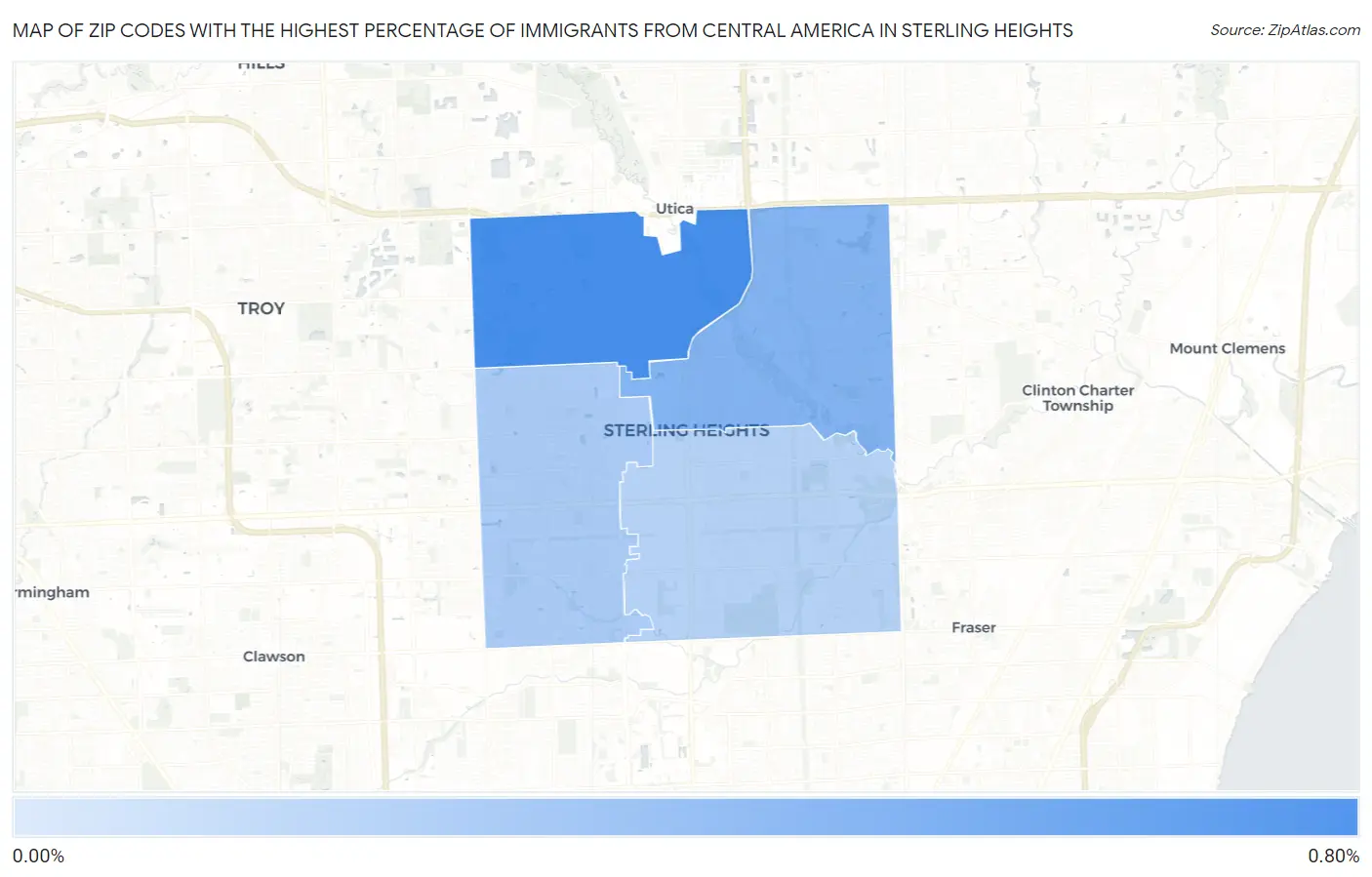 Zip Codes with the Highest Percentage of Immigrants from Central America in Sterling Heights Map