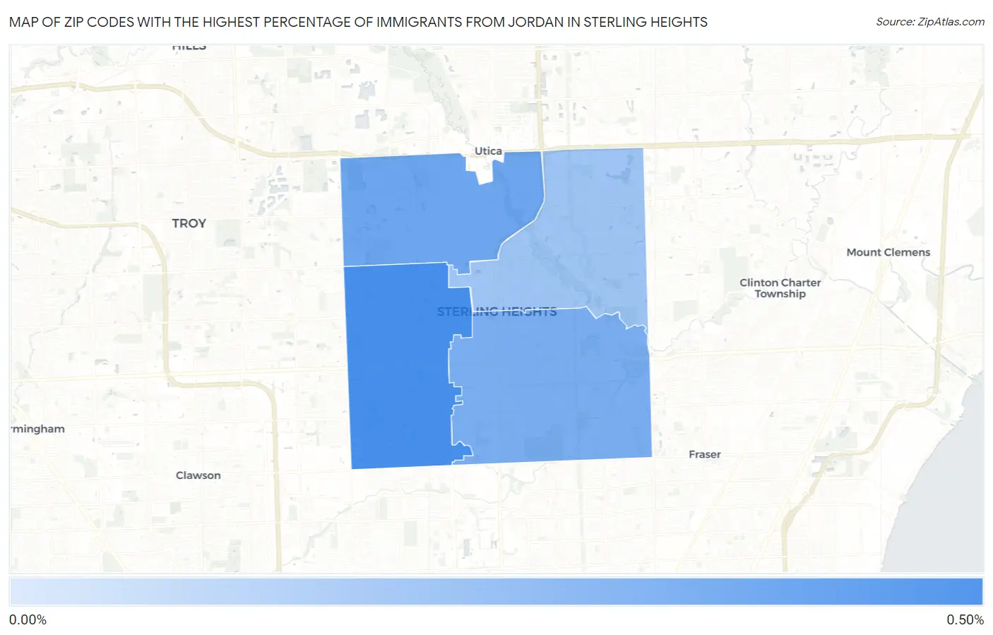 Zip Codes with the Highest Percentage of Immigrants from Jordan in Sterling Heights Map