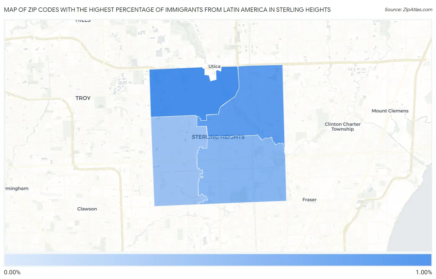 Zip Codes with the Highest Percentage of Immigrants from Latin America in Sterling Heights Map