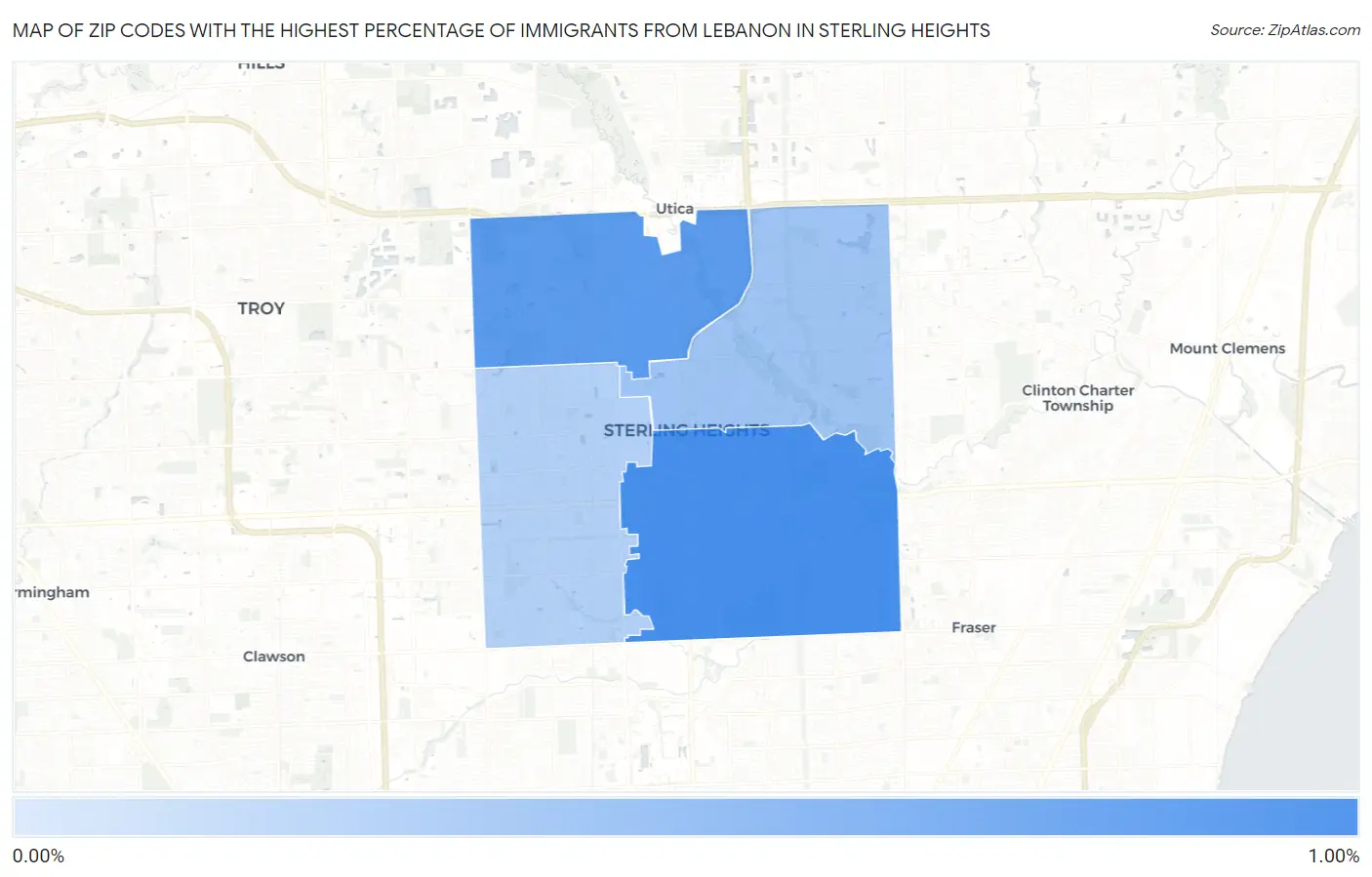 Zip Codes with the Highest Percentage of Immigrants from Lebanon in Sterling Heights Map