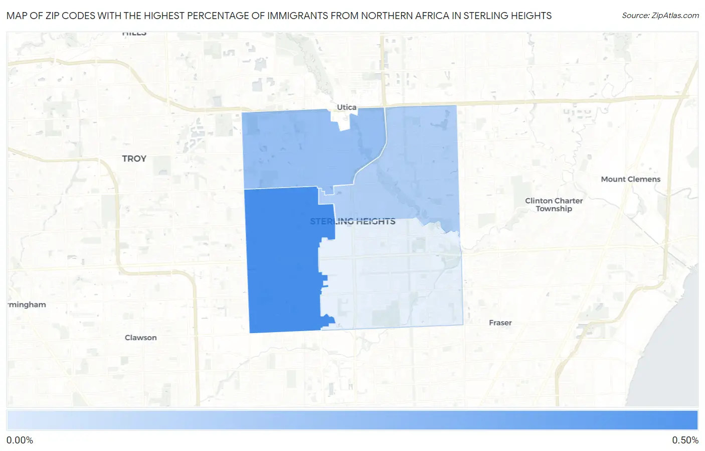 Zip Codes with the Highest Percentage of Immigrants from Northern Africa in Sterling Heights Map