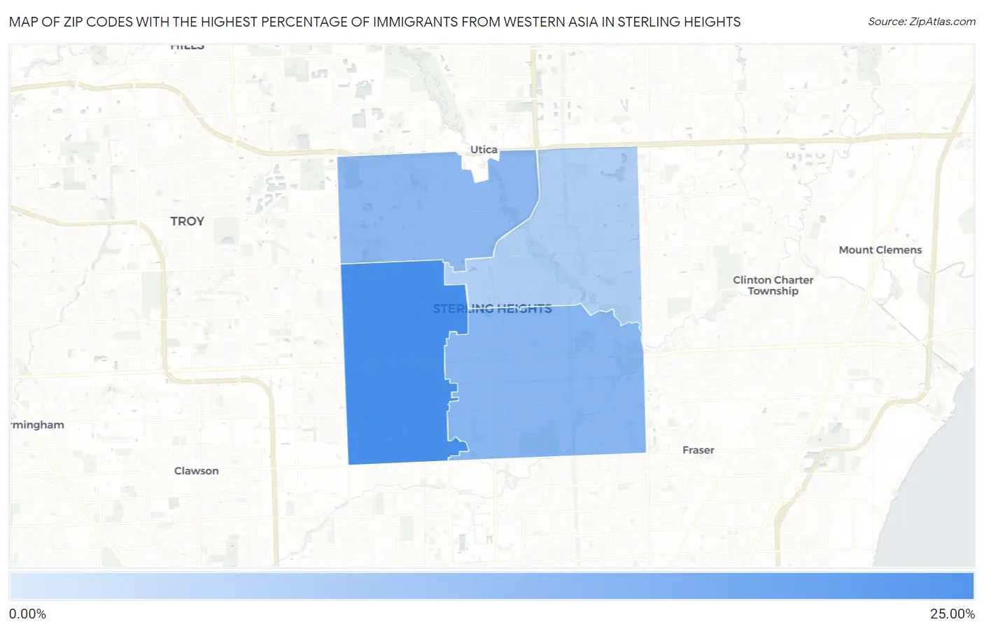 Zip Codes with the Highest Percentage of Immigrants from Western Asia in Sterling Heights Map