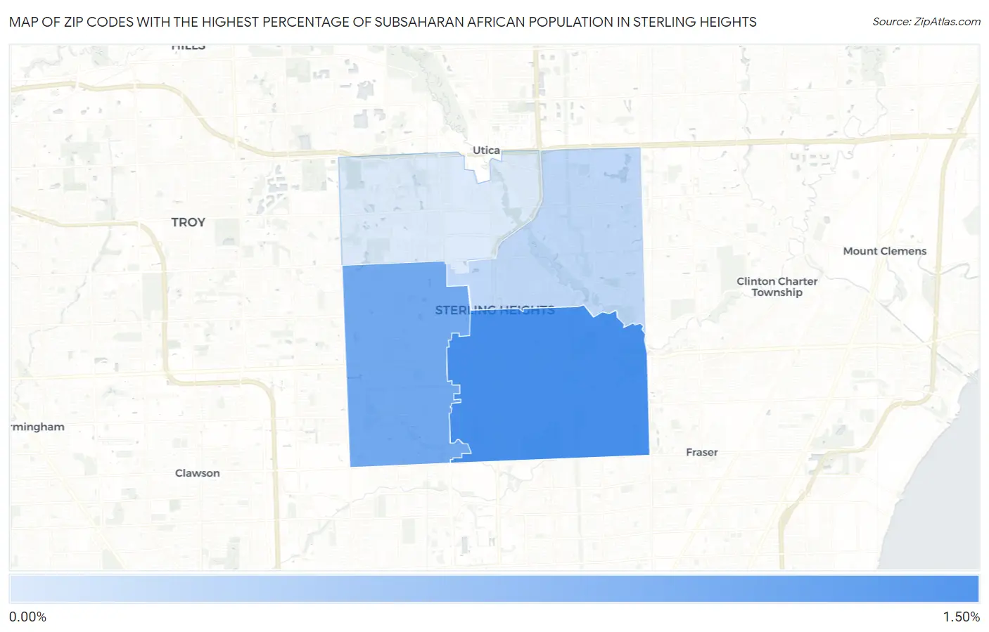 Zip Codes with the Highest Percentage of Subsaharan African Population in Sterling Heights Map