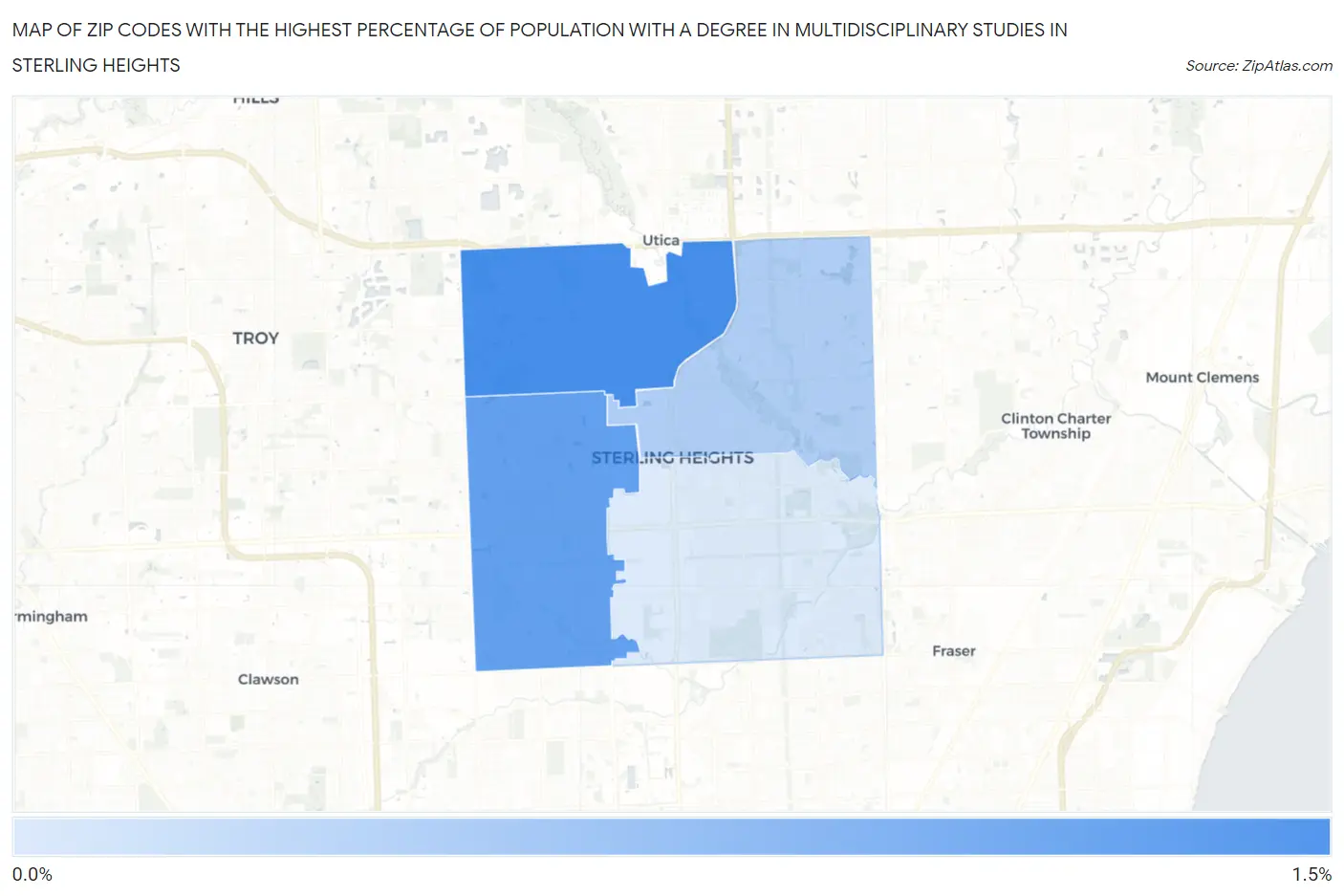 Zip Codes with the Highest Percentage of Population with a Degree in Multidisciplinary Studies in Sterling Heights Map