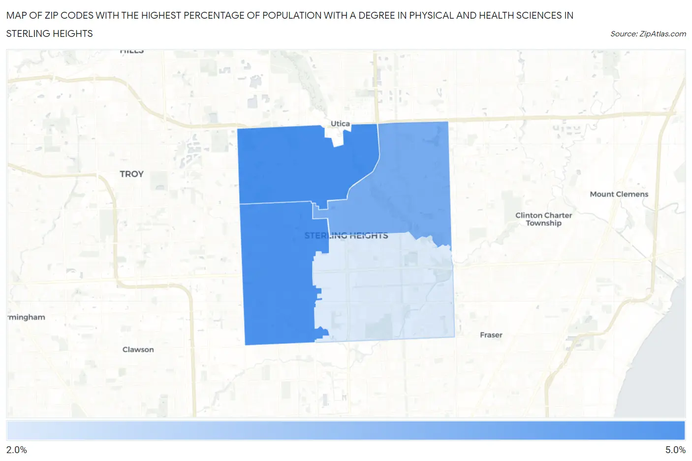 Zip Codes with the Highest Percentage of Population with a Degree in Physical and Health Sciences in Sterling Heights Map