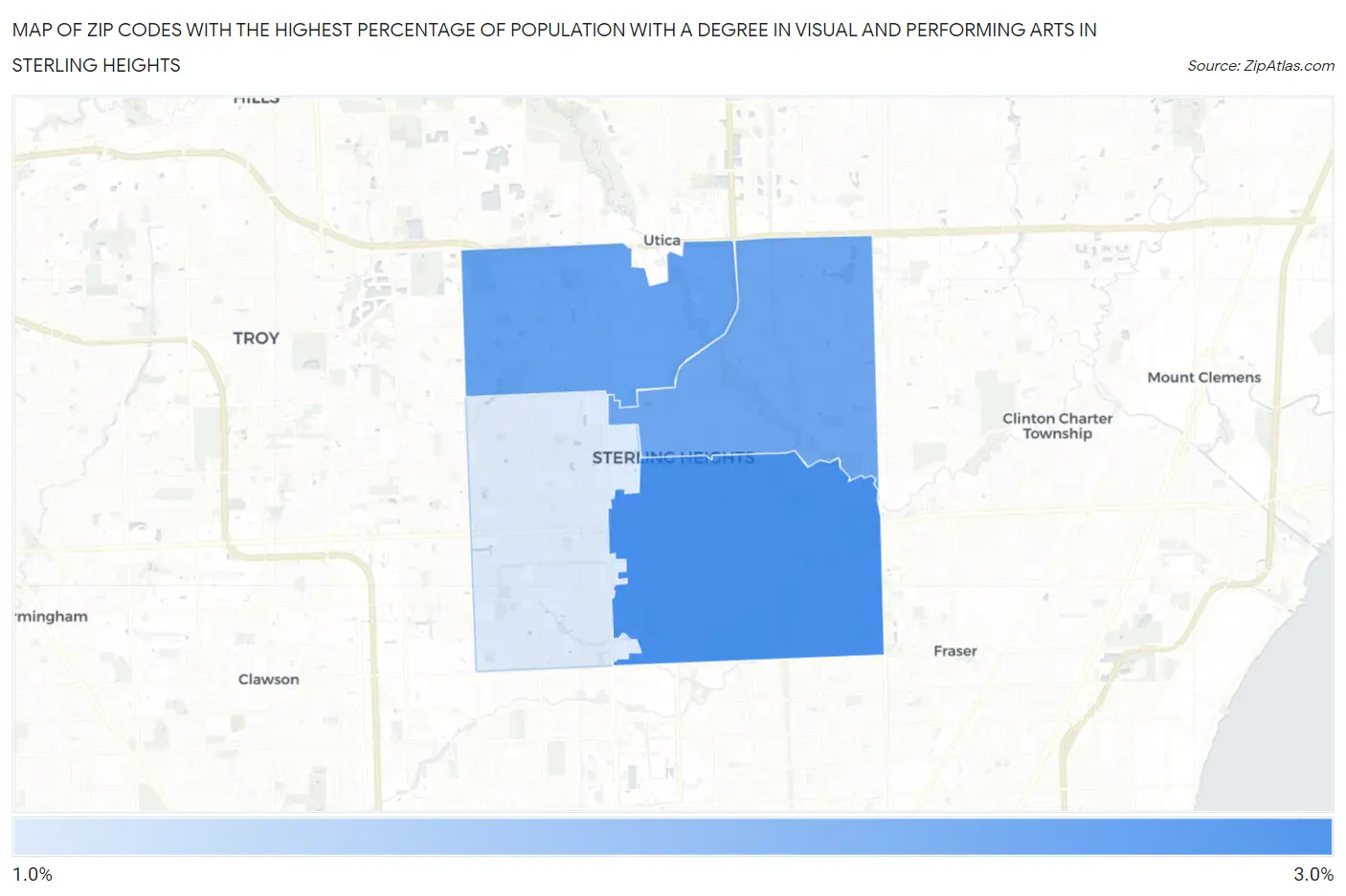 Zip Codes with the Highest Percentage of Population with a Degree in Visual and Performing Arts in Sterling Heights Map