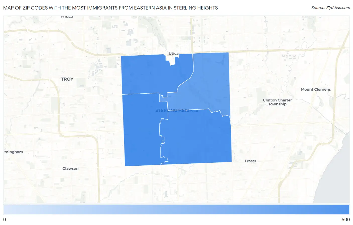 Zip Codes with the Most Immigrants from Eastern Asia in Sterling Heights Map