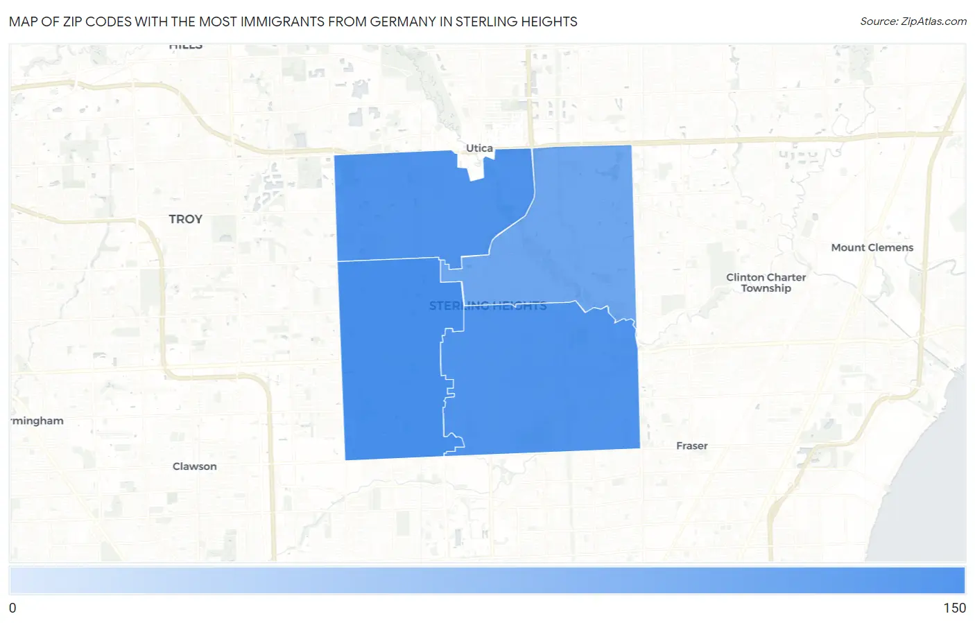 Zip Codes with the Most Immigrants from Germany in Sterling Heights Map