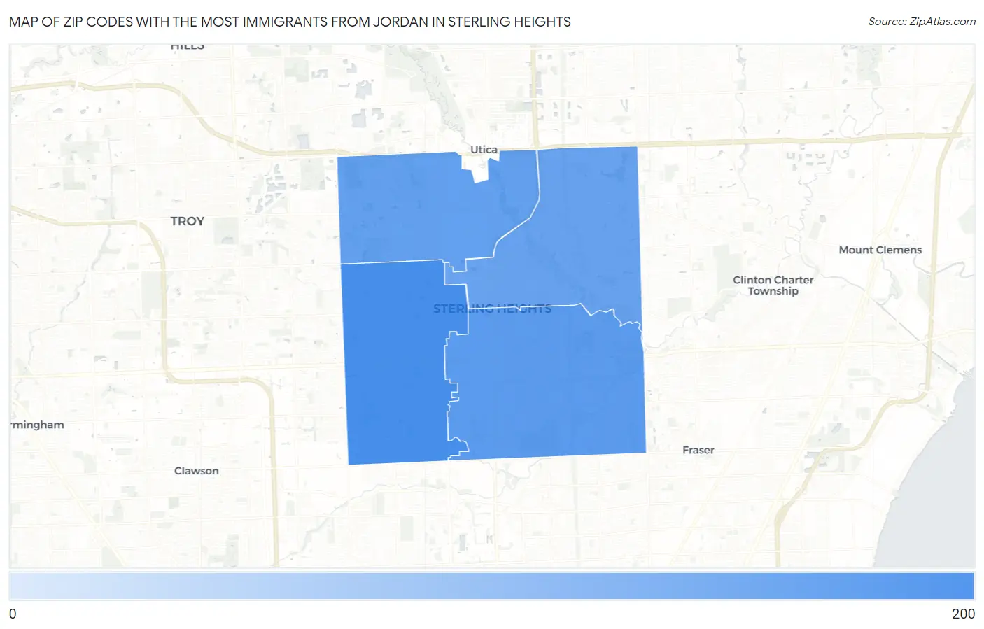 Zip Codes with the Most Immigrants from Jordan in Sterling Heights Map
