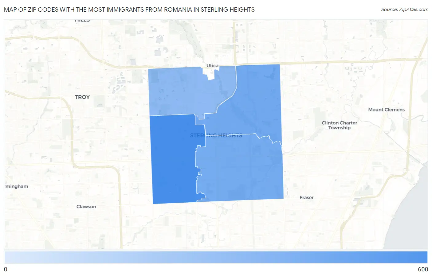 Zip Codes with the Most Immigrants from Romania in Sterling Heights Map