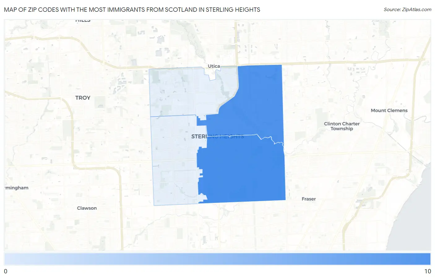Zip Codes with the Most Immigrants from Scotland in Sterling Heights Map
