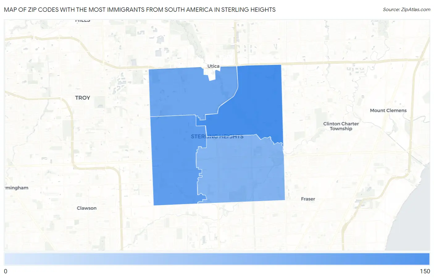 Zip Codes with the Most Immigrants from South America in Sterling Heights Map