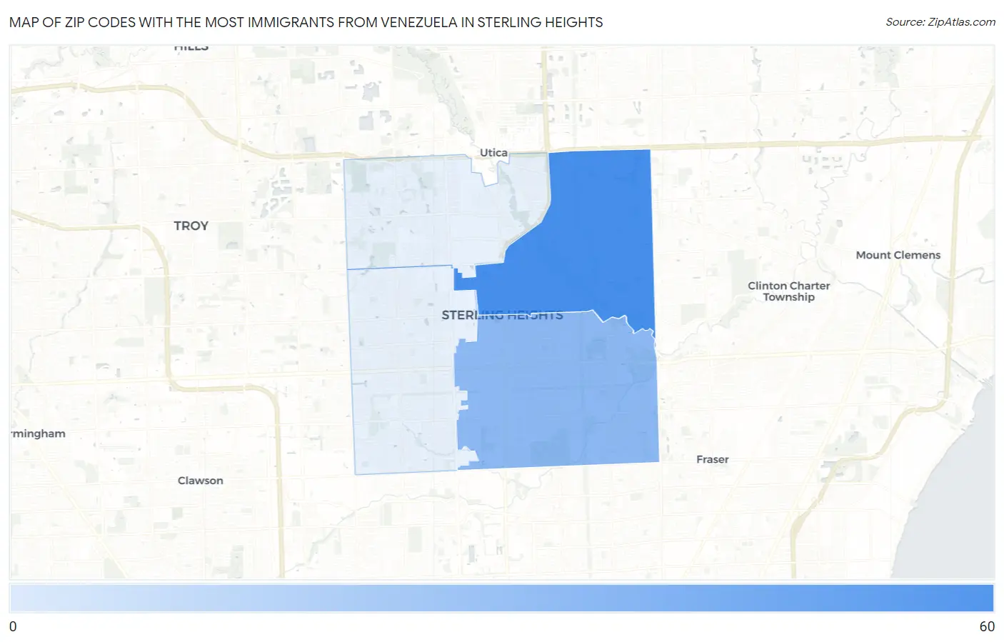 Zip Codes with the Most Immigrants from Venezuela in Sterling Heights Map