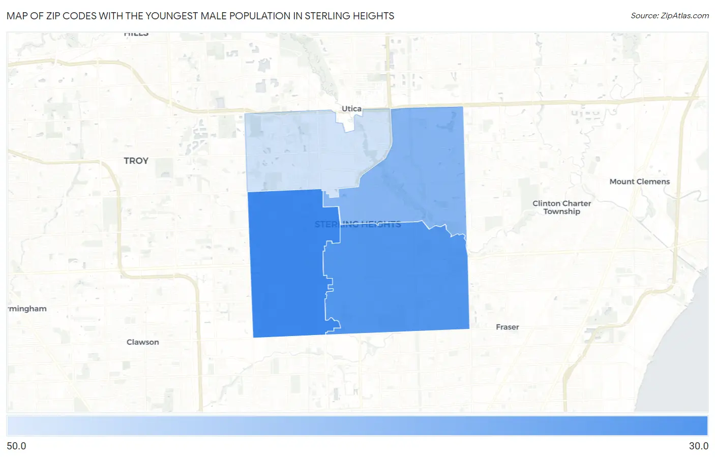 Zip Codes with the Youngest Male Population in Sterling Heights Map