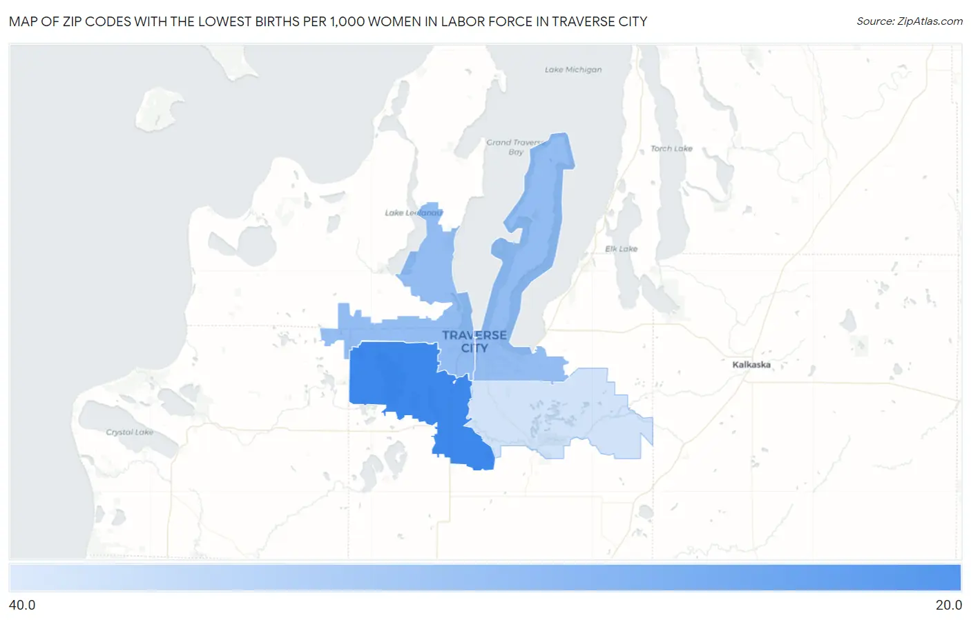 Zip Codes with the Lowest Births per 1,000 Women in Labor Force in Traverse City Map