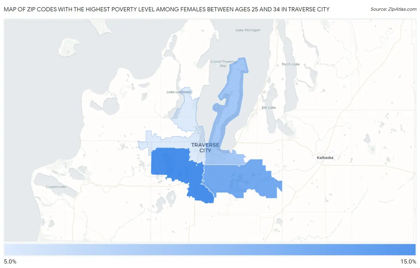 Zip Codes with the Highest Poverty Level Among Females Between Ages 25 and 34 in Traverse City Map
