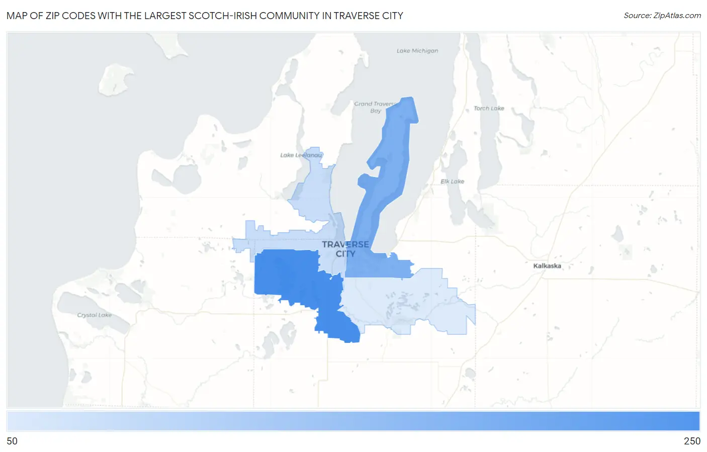 Zip Codes with the Largest Scotch-Irish Community in Traverse City Map