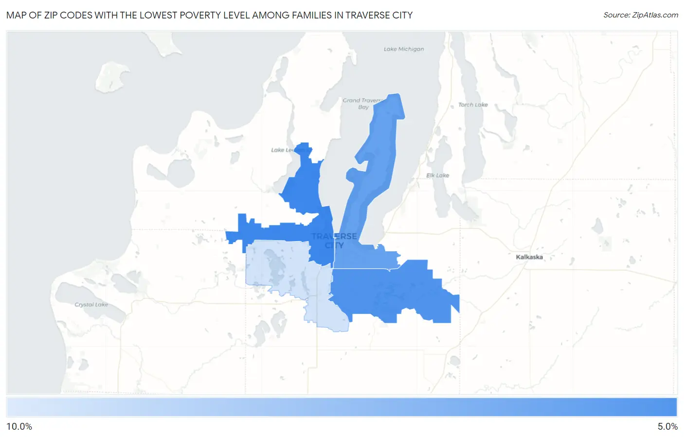Zip Codes with the Lowest Poverty Level Among Families in Traverse City Map