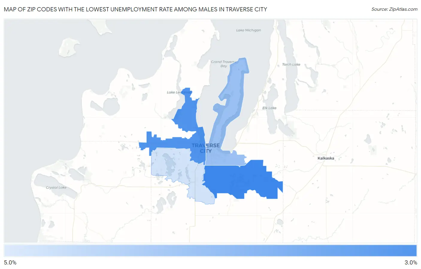 Zip Codes with the Lowest Unemployment Rate Among Males in Traverse City Map