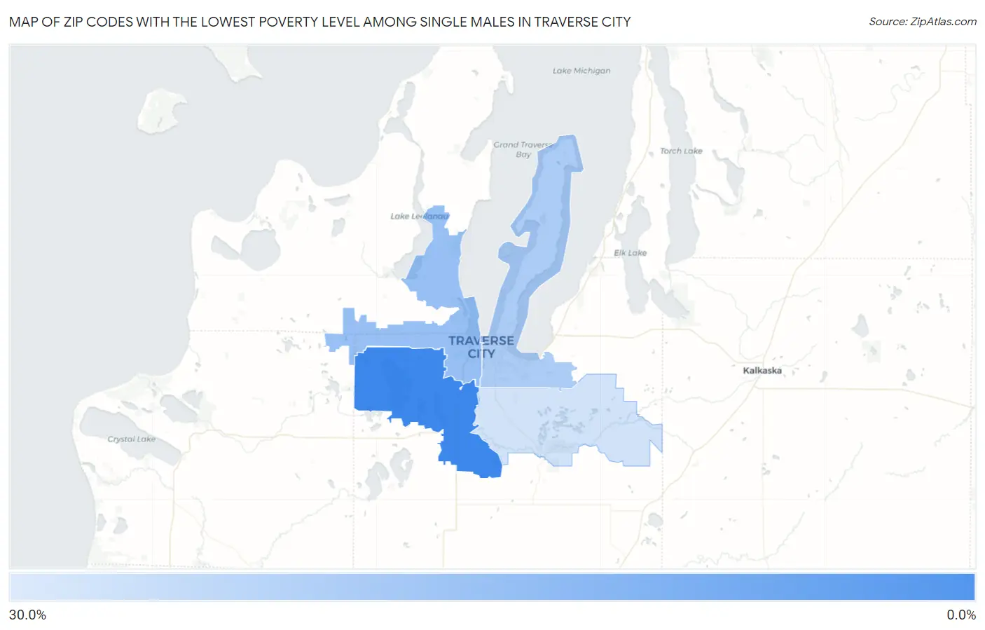 Zip Codes with the Lowest Poverty Level Among Single Males in Traverse City Map
