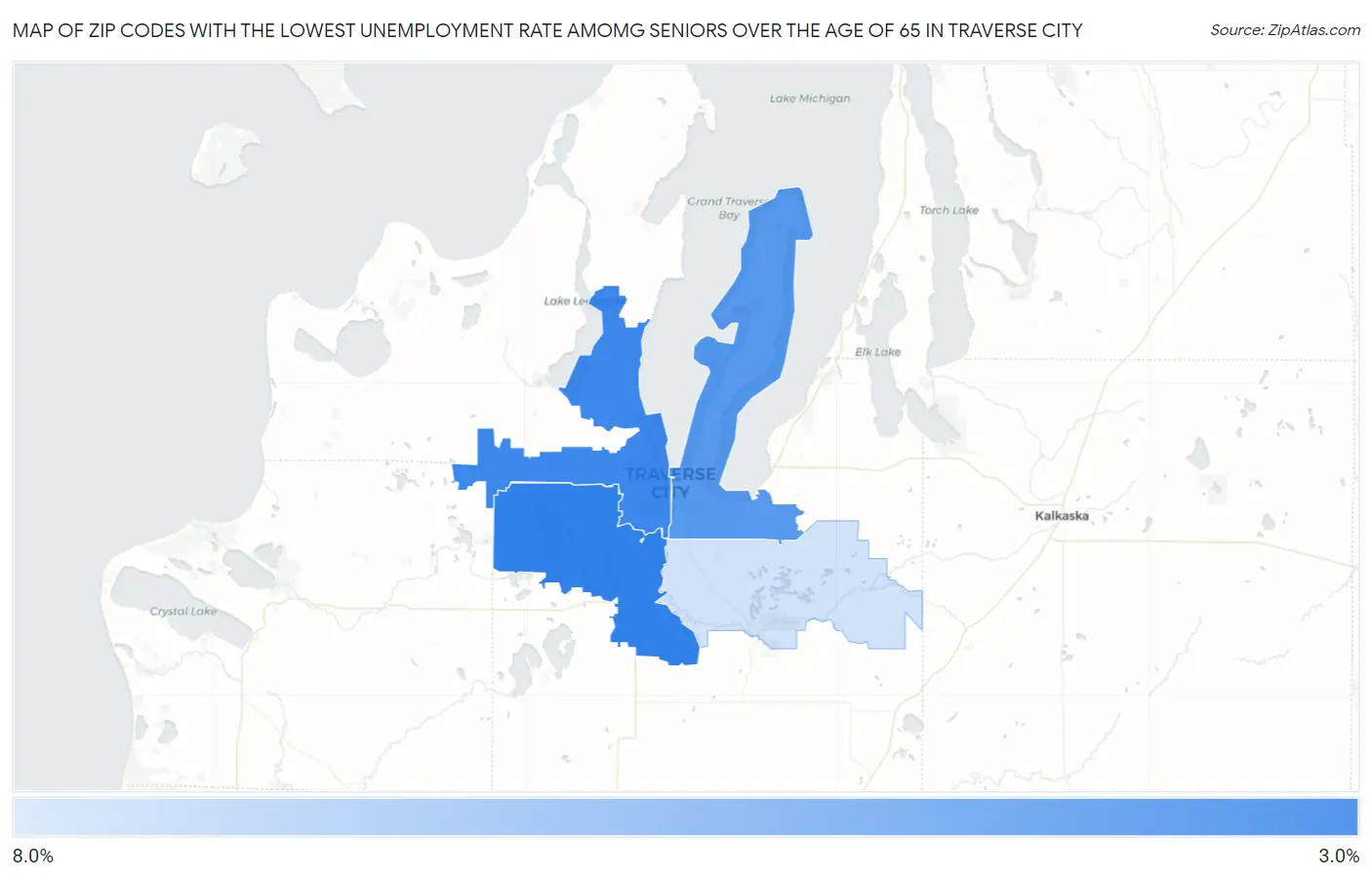 Zip Codes with the Lowest Unemployment Rate Amomg Seniors Over the Age of 65 in Traverse City Map
