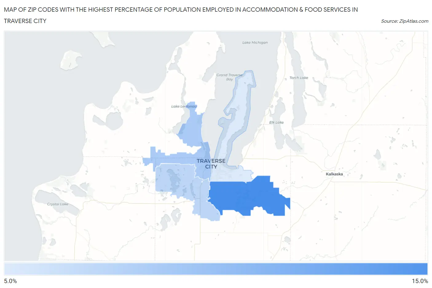 Zip Codes with the Highest Percentage of Population Employed in Accommodation & Food Services in Traverse City Map