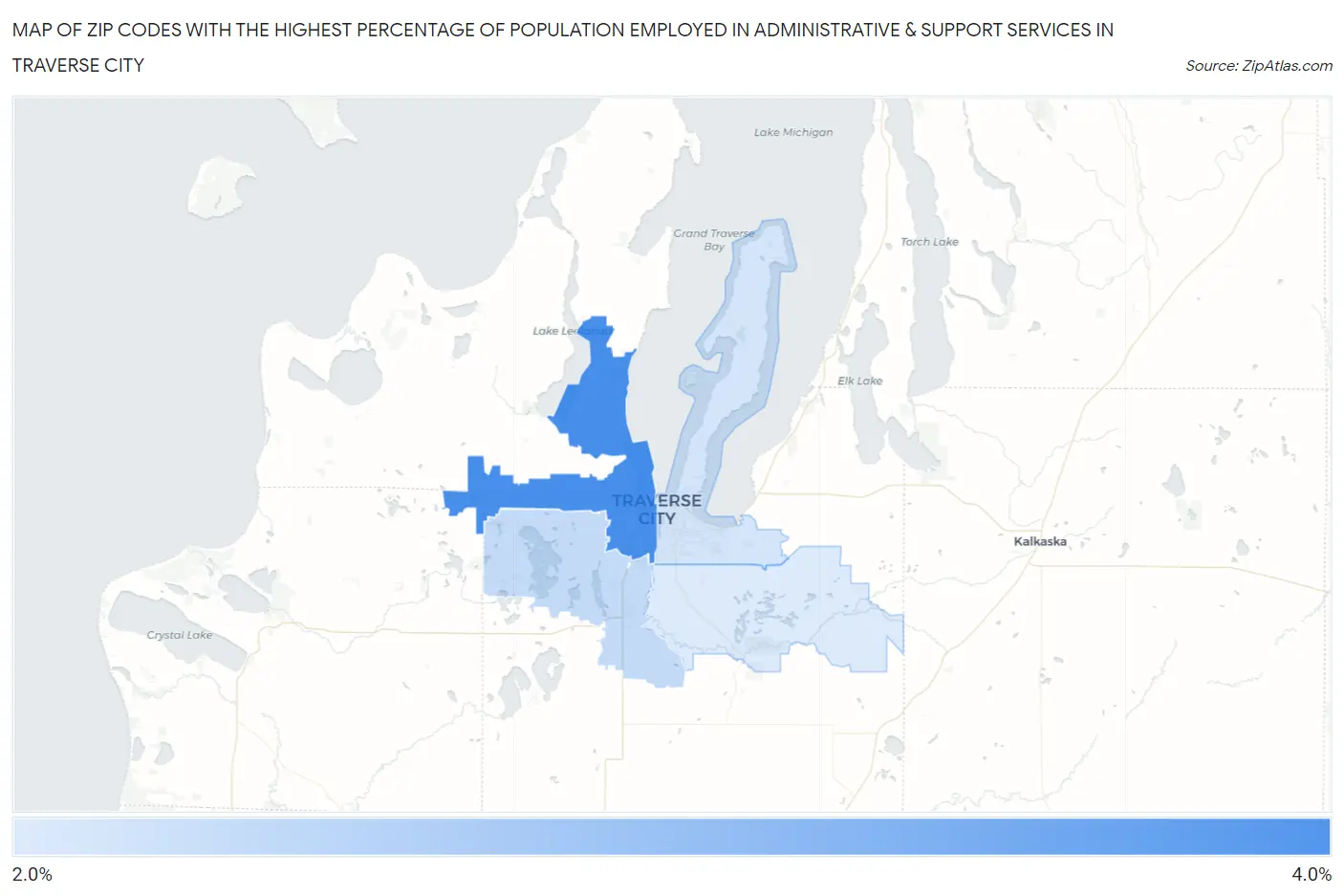 Zip Codes with the Highest Percentage of Population Employed in Administrative & Support Services in Traverse City Map