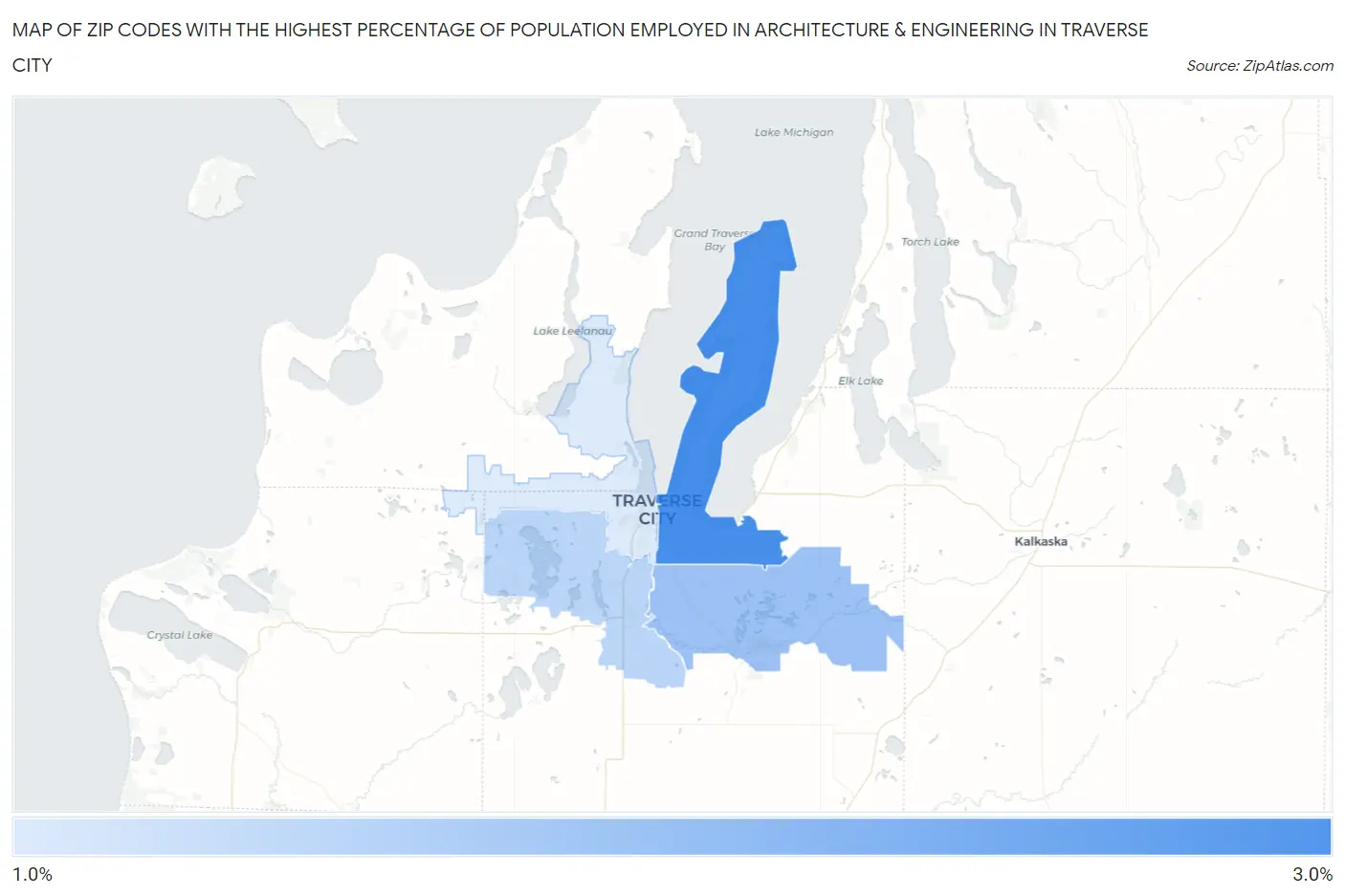 Zip Codes with the Highest Percentage of Population Employed in Architecture & Engineering in Traverse City Map