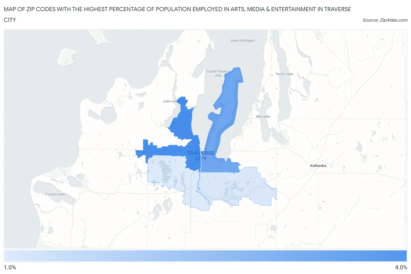 Zip Codes with the Highest Percentage of Population Employed in Arts, Media & Entertainment in Traverse City Map