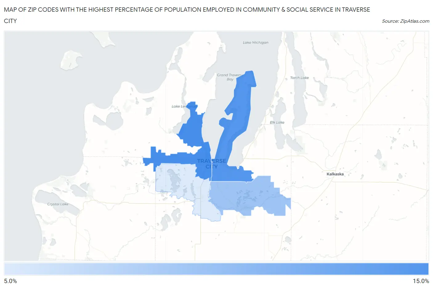 Zip Codes with the Highest Percentage of Population Employed in Community & Social Service  in Traverse City Map