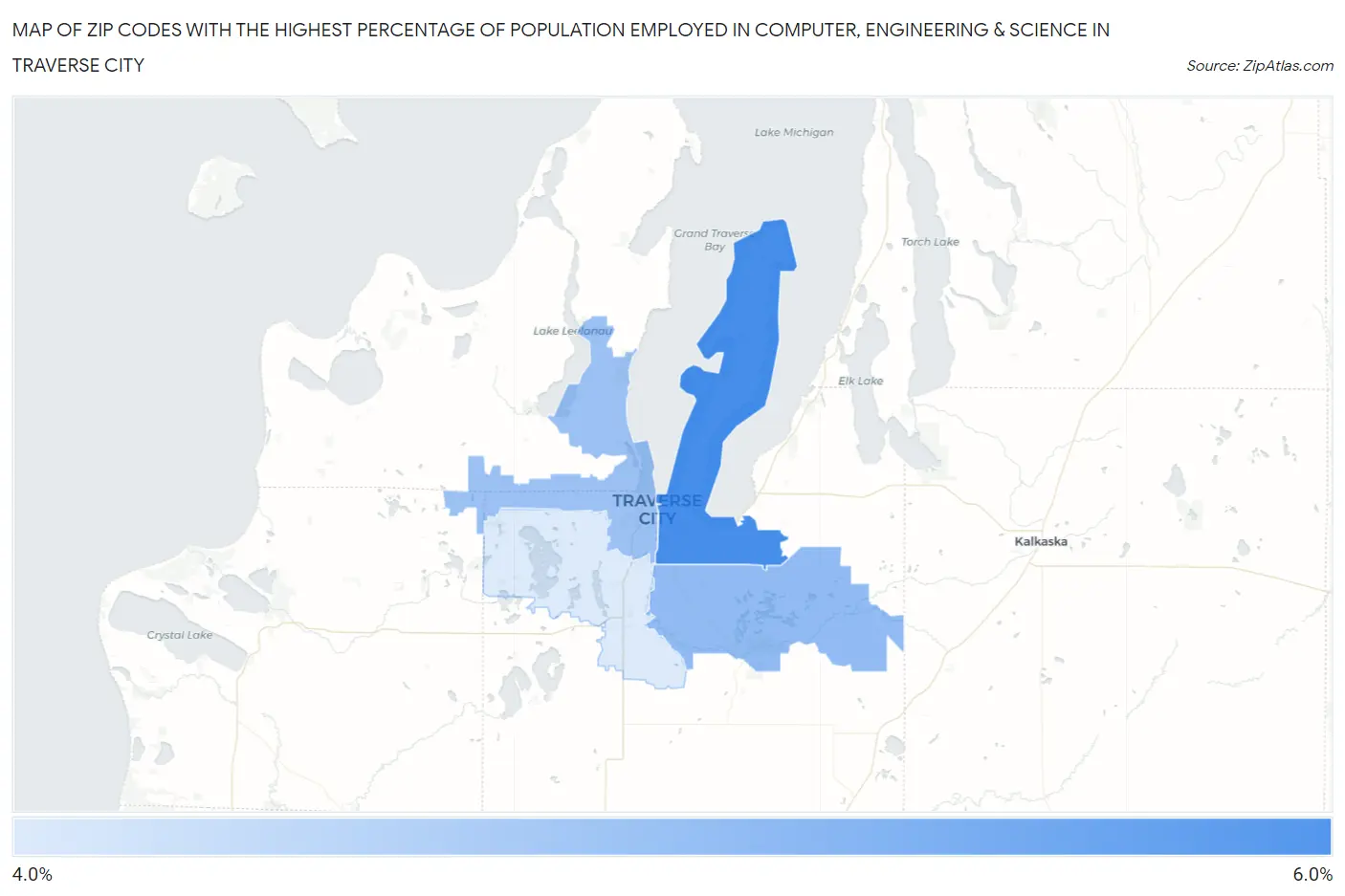 Zip Codes with the Highest Percentage of Population Employed in Computer, Engineering & Science in Traverse City Map