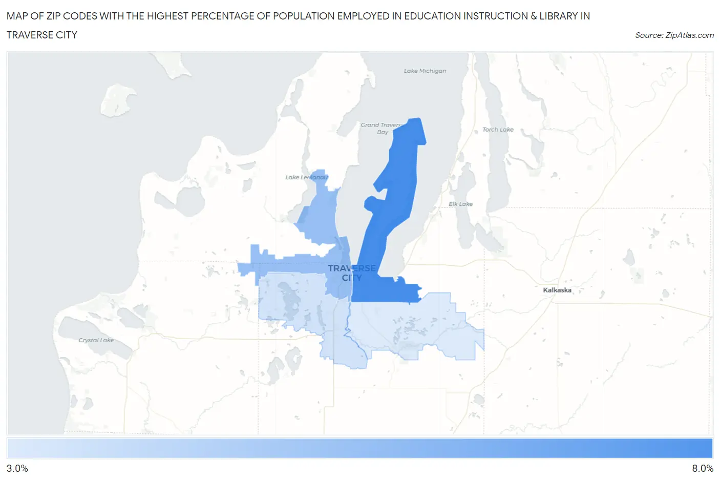 Zip Codes with the Highest Percentage of Population Employed in Education Instruction & Library in Traverse City Map